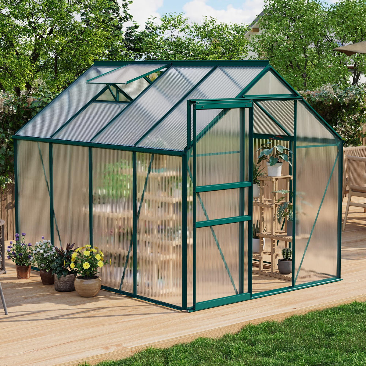6x8 FT Polycarbonate Greenhouse – Outdoor Walk-In Greenhouse with Heavy Duty Aluminum Frame, Sliding Door, Adjustable Roof Vent & Rain Gutter for Backyard Gardening