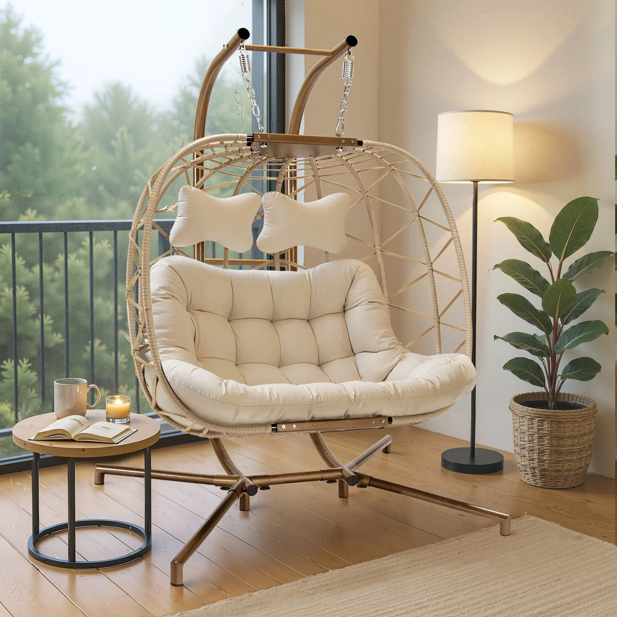 2026 NewRADIATA Double Wicker Egg Swing Chair with Stand, 2-Person Hanging Egg Chair for Indoor/Outdoor, 700lbs Capacity, Thick Cushions & Headrest,Sturdy Metal Frame"Dark Gray