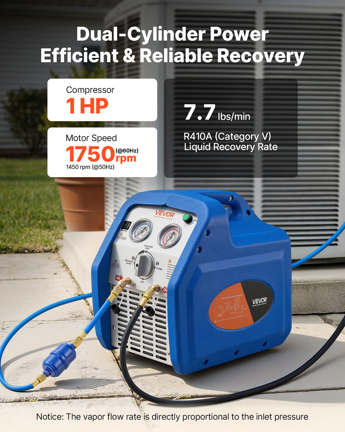 VEVOR Portable Refrigerant Recovery Machine, 1 HP 120V 60Hz Dual Cylinder AC Recovery Machine, 1750 RPM Recycling Unit HVAC