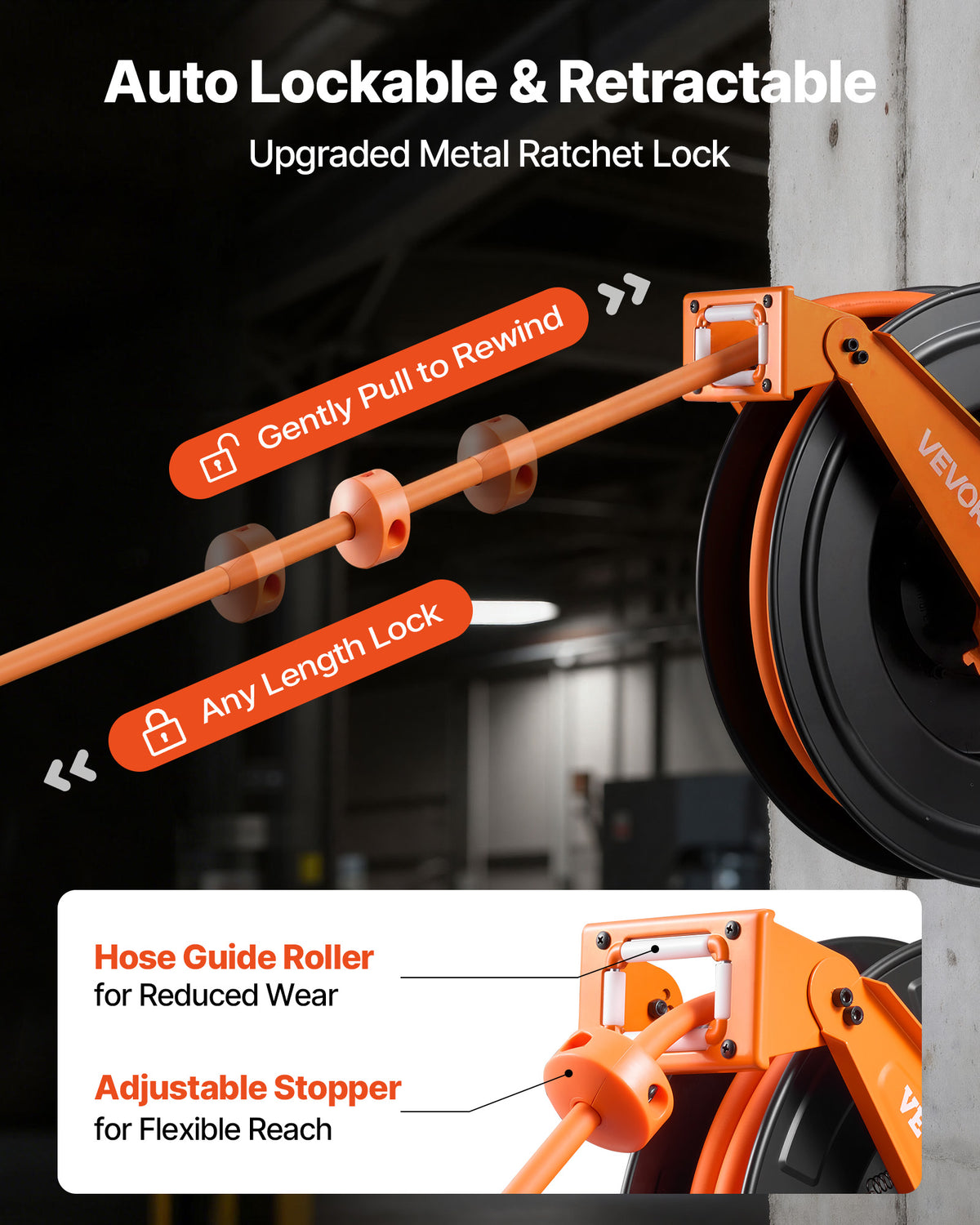 VEVOR Retractable Air Hose Reel, 1/2 Inch x 50 FT Rubber Air Hose Max 300PSI, Auto Rewind Air-Compressor Hoses Reel