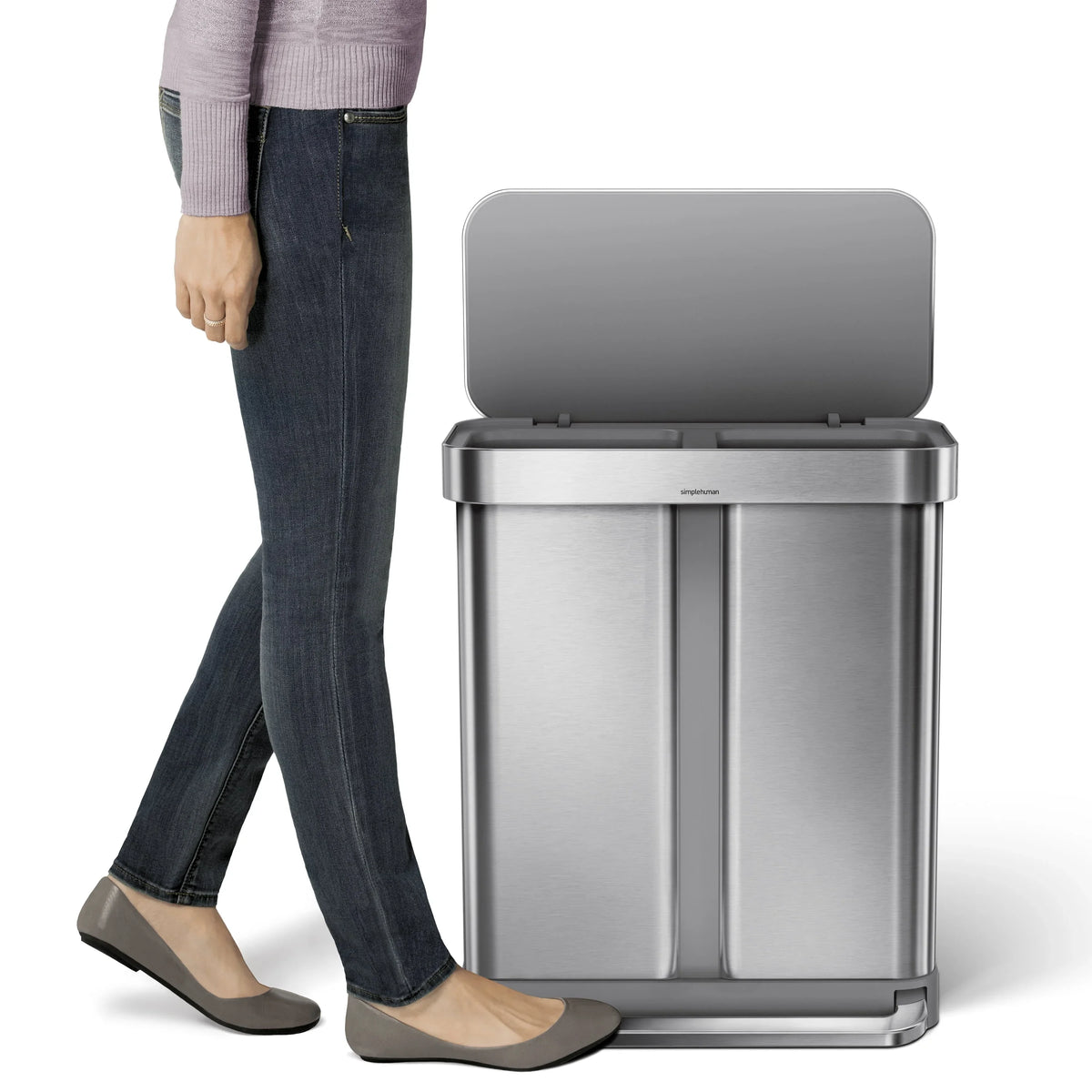 2026 Newsimplehuman 58 Liter / 15.3 Gallon Rectangular Dual Compartment Recycling Step, Brushed Stainless Steel with Soft-Close Plastic Lid Kitchen Trash Can
