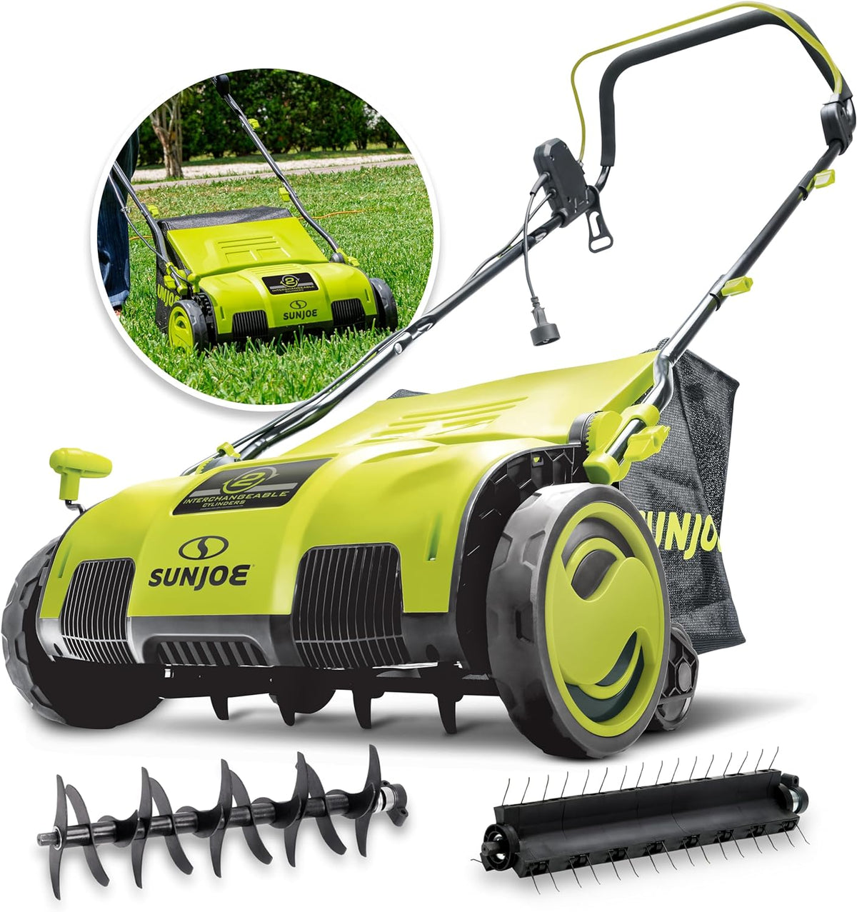AJ805E 15-Inch 13-Amp Electric Dethatcher and Scarifier w/Removeable 13.2-Gal Collection Bag, 5-Position Height Adjustment, Airboost Technology Increases Lawn Health, Green