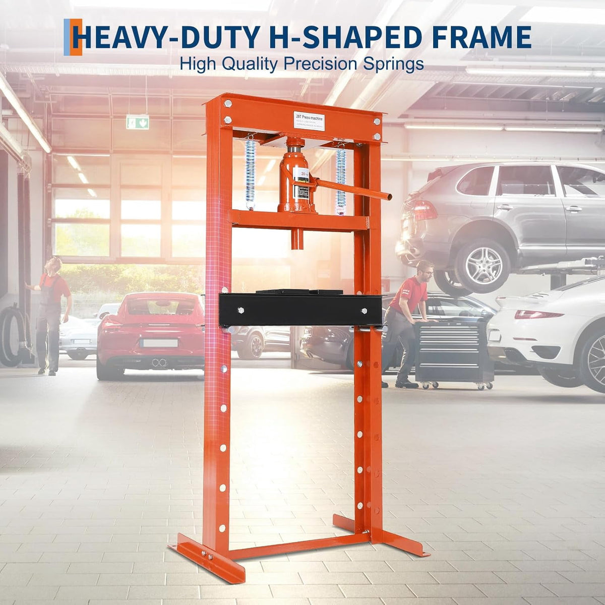 20 Ton Hydraulic Shop Press, H-Frame, 7-Hold Adjustable Height, with Movable Plates and Dust Cover, for Garage or Professional Users, Orange