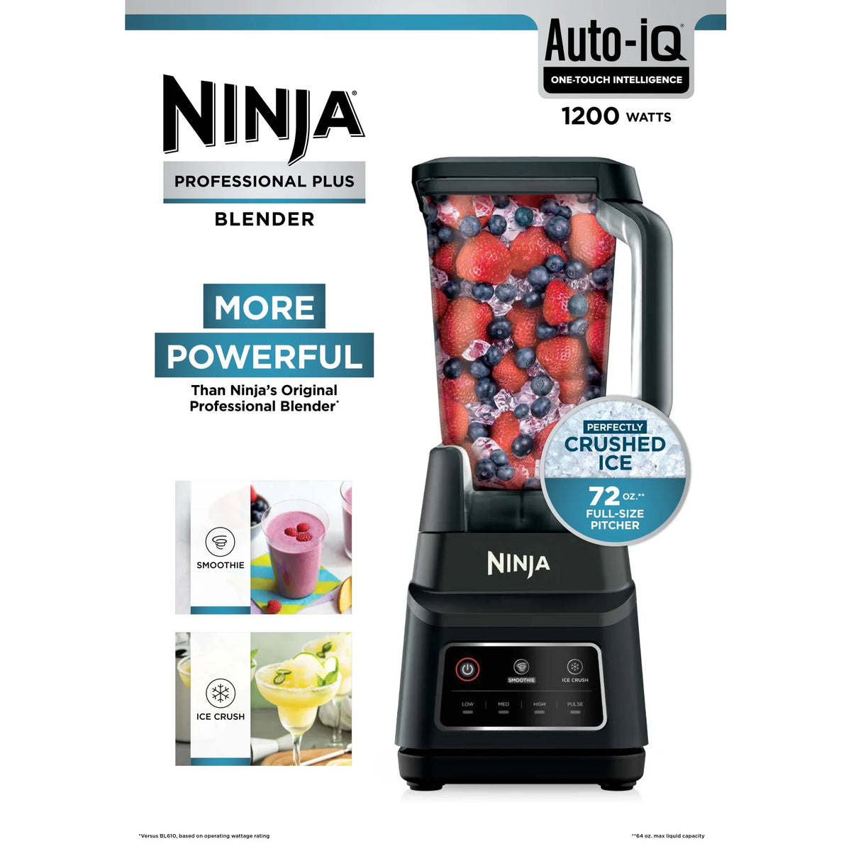 2026 NewNinja Professional Plus Blender, 2 Auto-IQ Programs for Smoothies, Frozen Drinks, 1200 W, 72 oz* Total Crushing Pitcher, Black, BN700