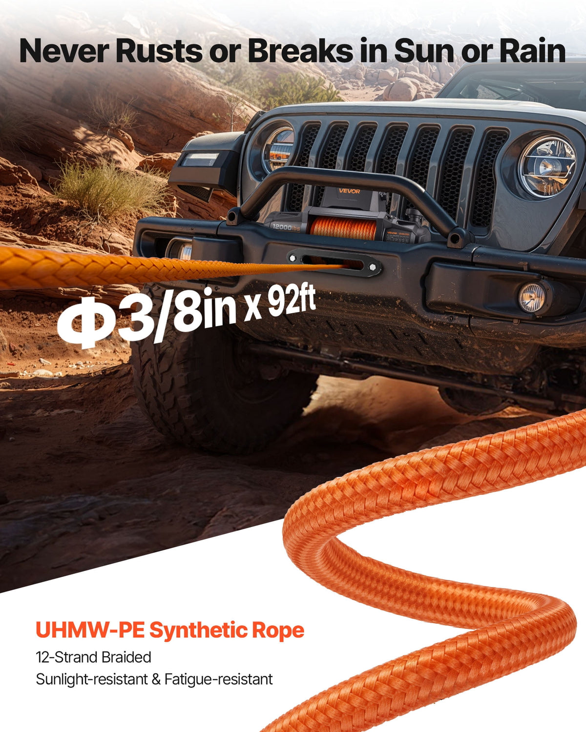VEVOR Electric Winch, 12000 lbs Load Capacity, 12V DC Truck Winch with Φ3/8 in x 92 ft Synthetic Rope, Wireless & Wired Remote Control, IP67 Waterproof for Towing Off-Road SUV Jeep Trailer Boat