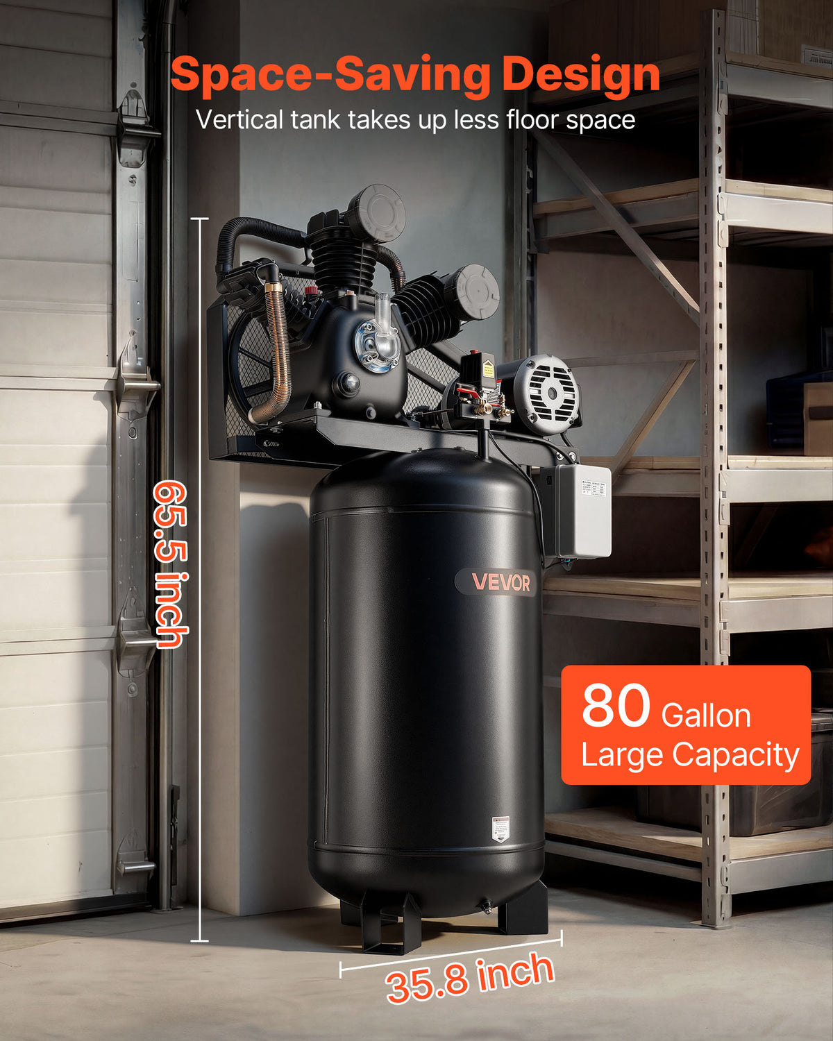 VEVOR 80 Gallons Heavy-Duty Air Compressor, 10HP 17 SCFM at 90PSI Air Compressors Max 175PSI, Oil-Lubricated Compressor Tank(230V 3-Phase, No Plug)
