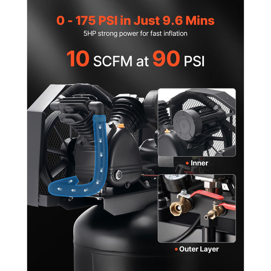 KFFKFF 80 Gallons Heavy-Duty Air Compressor, 5HP 10 SCFM at 90PSI Air Compressors Max 175PSI Pressure, Oil-Lubricated Compressor Tank(230V 60Hz, No-Plug)