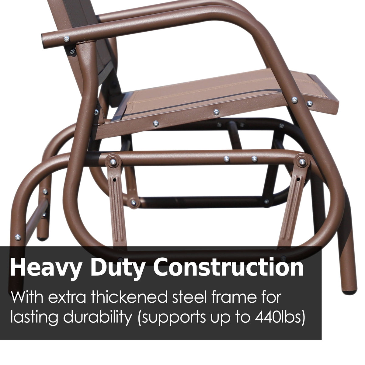 Outsunny Patio Double Glider Outdoor Steel Sling Fabric Gliding Bench Garden Swing Chair Heavy-Duty Porch Rocker Garden Loveseat Coffee Brown