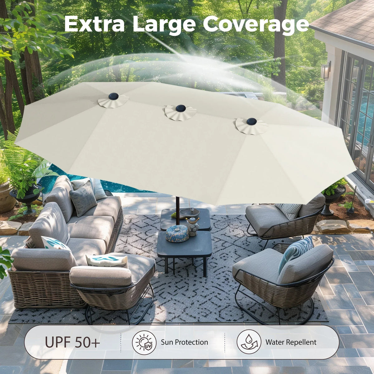 2026 NewAlpha Joy 15ft Outdoor Patio Umbrella Extra-Large Double-Sided Garden Umbrella with Crank Handle and Base - Smoky Gray