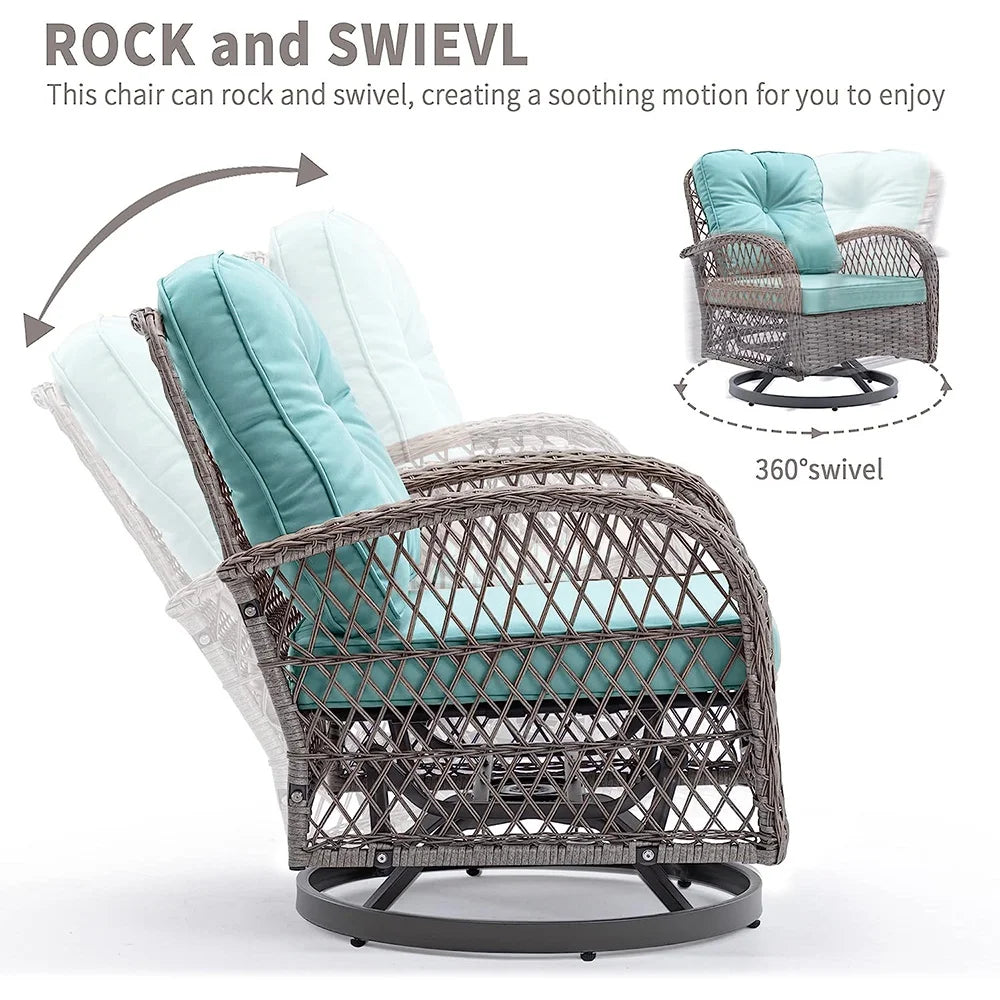 2026 New3 Piece Patio Swivel Rocker Chairs Set, 2 360-Degree Swivel Rocking Chairs with 1 Glass Top Table, PE Rattan Outdoor Bistro Set with Cushions for Balcony Deck Poolside Backyard Porch