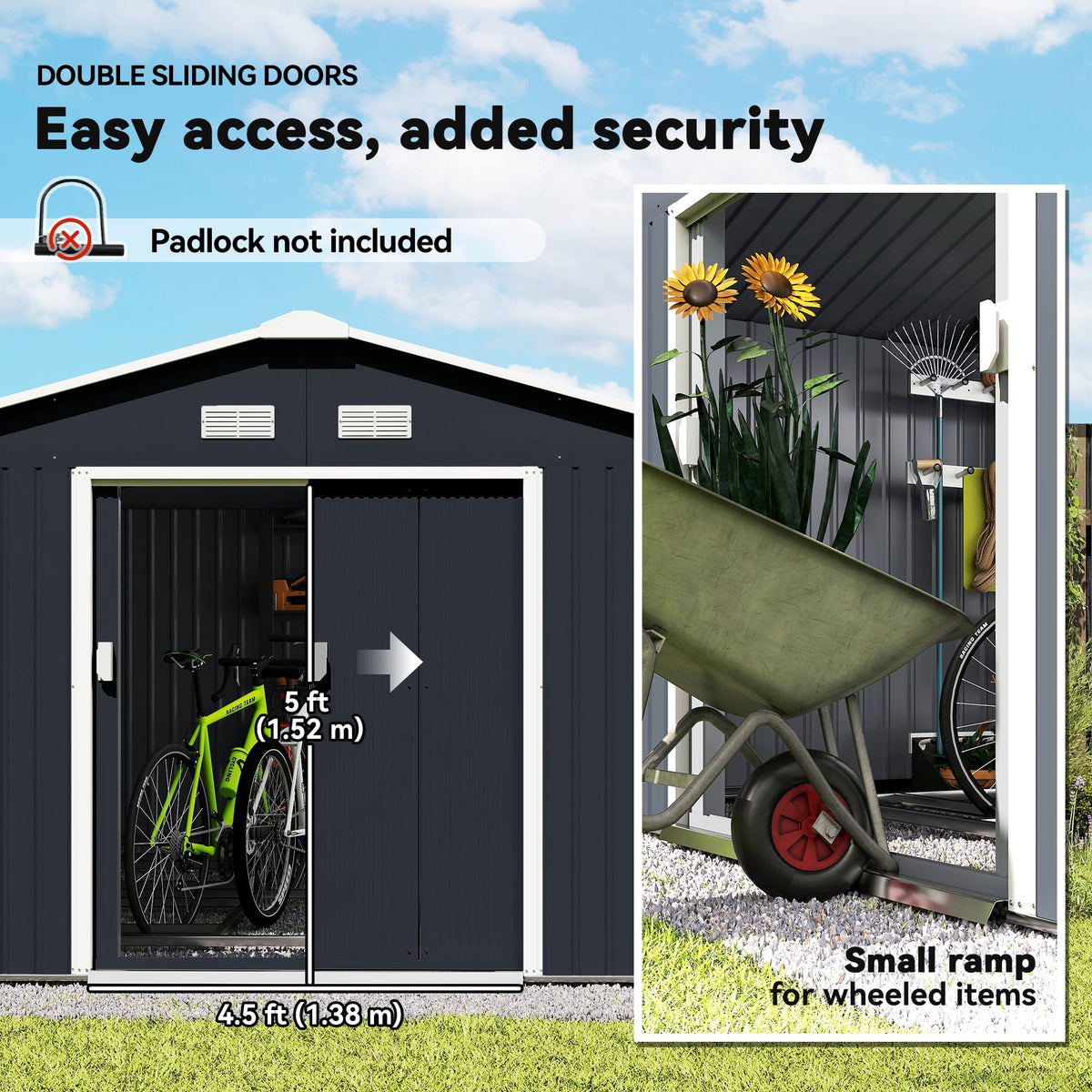 Outsunny 11' x 13' Garden Storage Shed with Foundation Kit, Metal Tool Storage House with Double Doors for Outdoor Patio Yard, Grey