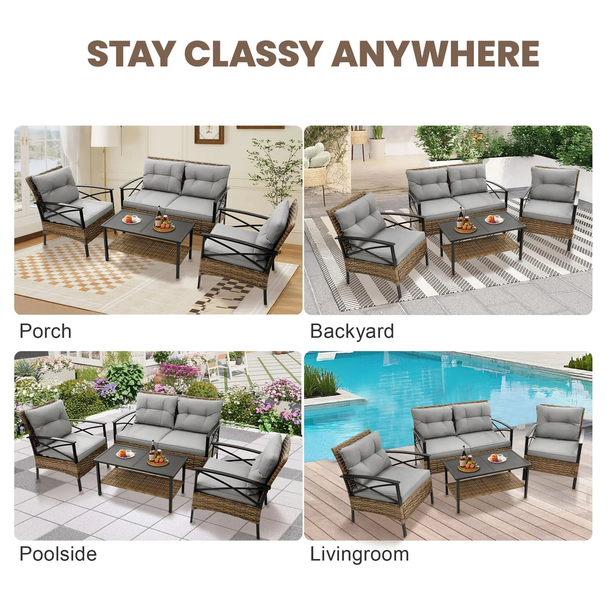2026 NewHeavy-duty Patio Furniture Set, 4 Piece Outdoor Sectional Conversation Sets, BrownPE Rattan Patio Sofa Set with Blue Cushions