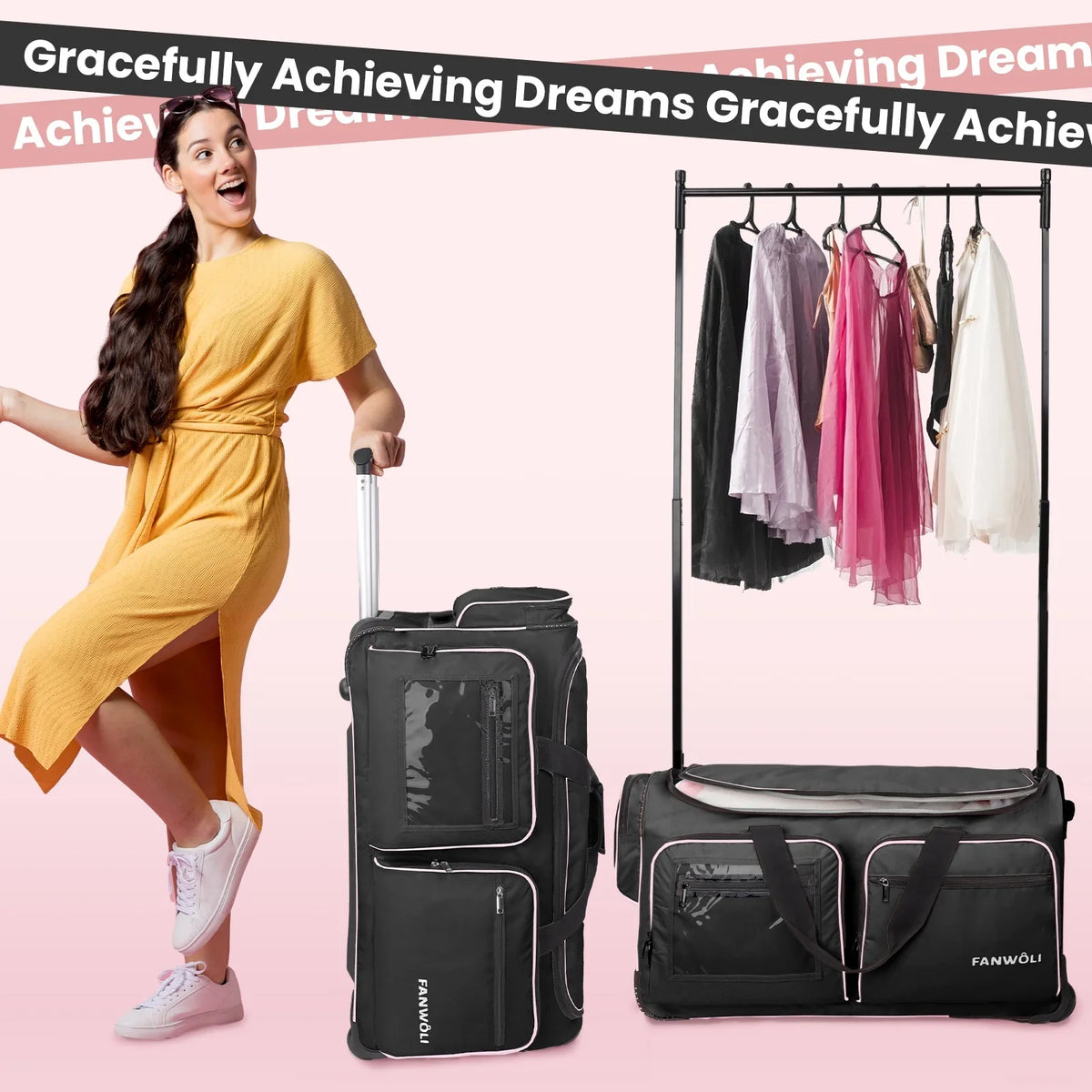 2026 NewFegat Dance Bag with Garment Rack - 28"Collapsible Rolling Competition Dance Duffle Bag Lightweight Costume Wheeled Suitcase for Dancers Shows Livestreamer Athletes
