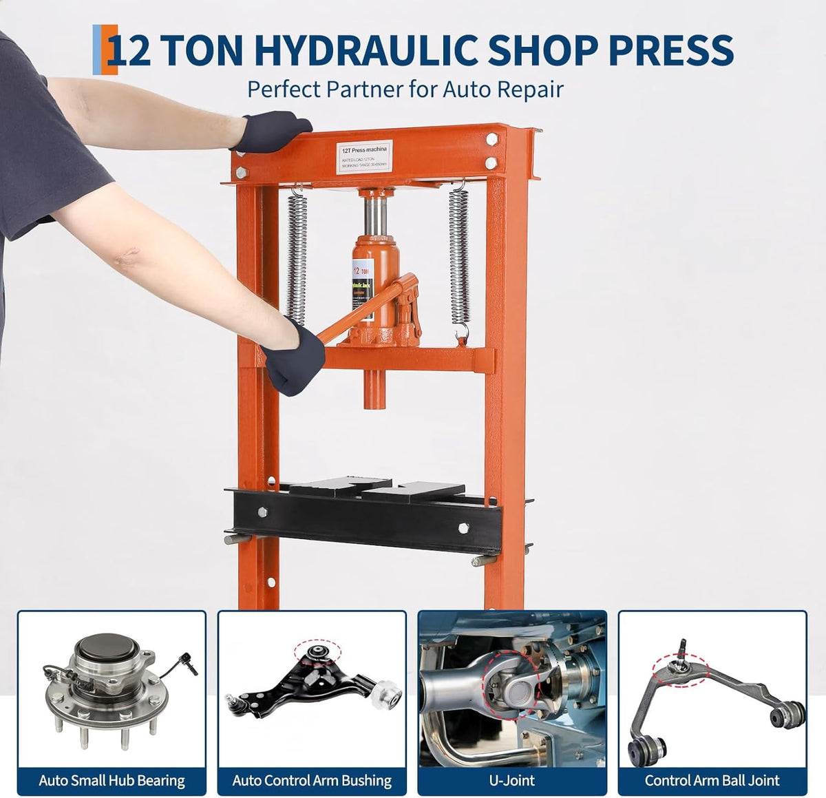 12 Ton Hydraulic Shop Press, H-Frame, 8-Hold Adjustable Height, with Movable Plates and Dust Cover, for Garage or Professional Users, Orange