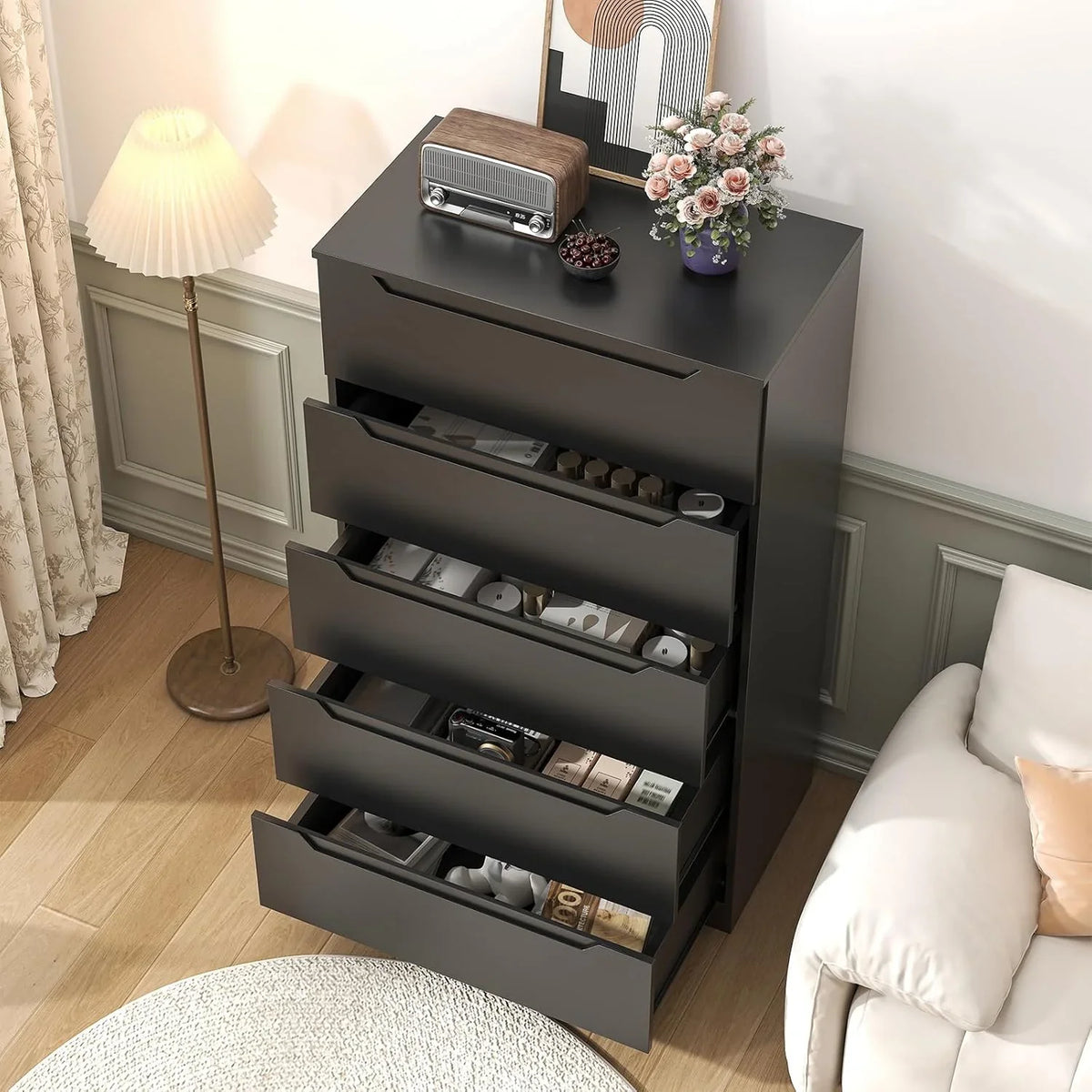2026 NewWinkalon Vertical 5 Drawer Dresser, Wood Storage Cabinet with Upgraded Stable Base for Bedroom Living Room, Black