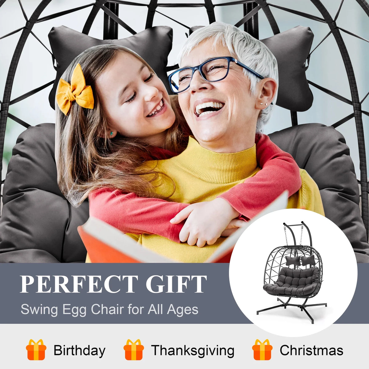 2026 NewRADIATA Double Wicker Egg Swing Chair with Stand, 2-Person Hanging Egg Chair for Indoor/Outdoor, 700lbs Capacity, Thick Cushions & Headrest,Sturdy Metal Frame"Dark Gray