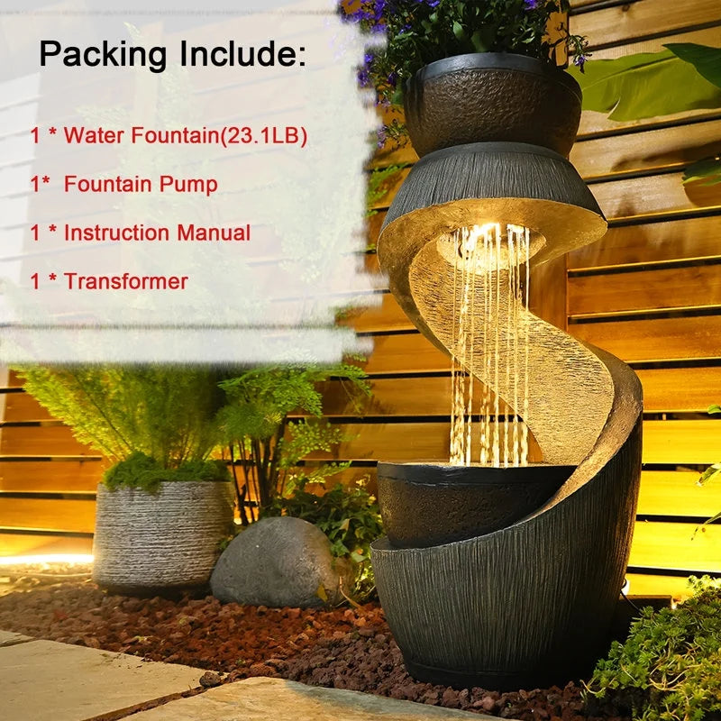 2026 NewOutdoor Water Fountain Modern Curved Waterfall S-Shaped Freestanding Fountain with Bowl Planter for Patio Deck Garden Yard Home Decor