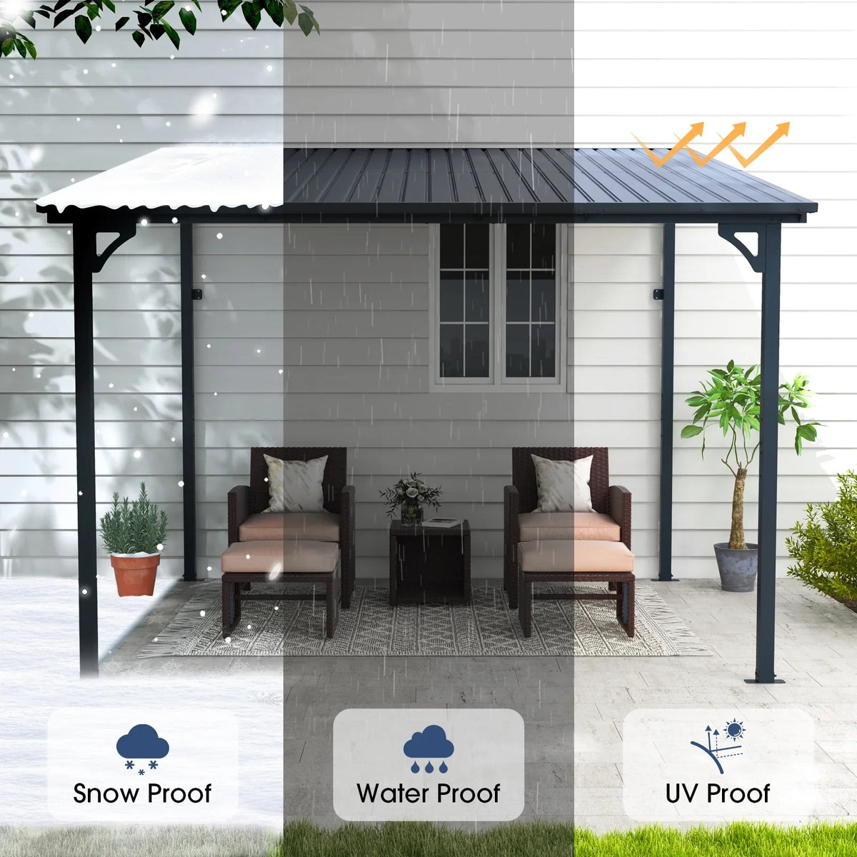 2026 New8' x 10' Outdoor Pergola Gazebo, Lean to Awnings Gazebos, Heavy Duty Hard Top Metal Pergola with Roof, for Patio, Backyard, Decks, Poolside