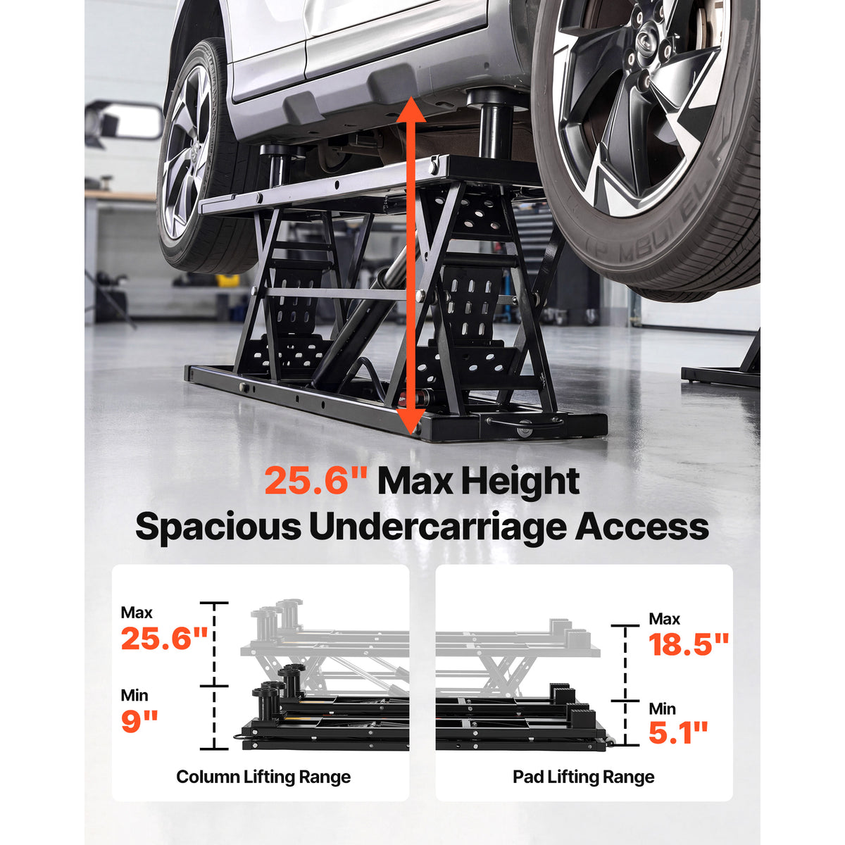 KFFKFF Portable Car Lift, 5000 lbs Capacity, Heavy Duty Quick Lift with 25.6" Max Height, Pneumatic Pump, Wheels, 4 Rubber Pads & 4 Lifting Columns