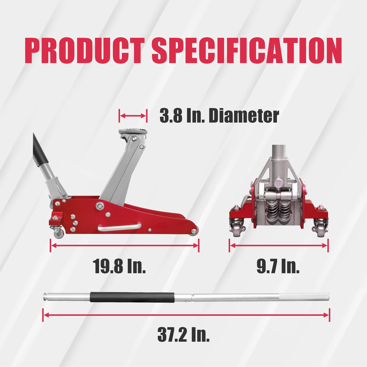 BIG RED AT815016LR Torin Hydraulic Low Profile Aluminum and Steel Racing Floor Jack with Dual Piston Quick Lift Pump, 1.5 Ton (3,000 lb) Capacity, Red