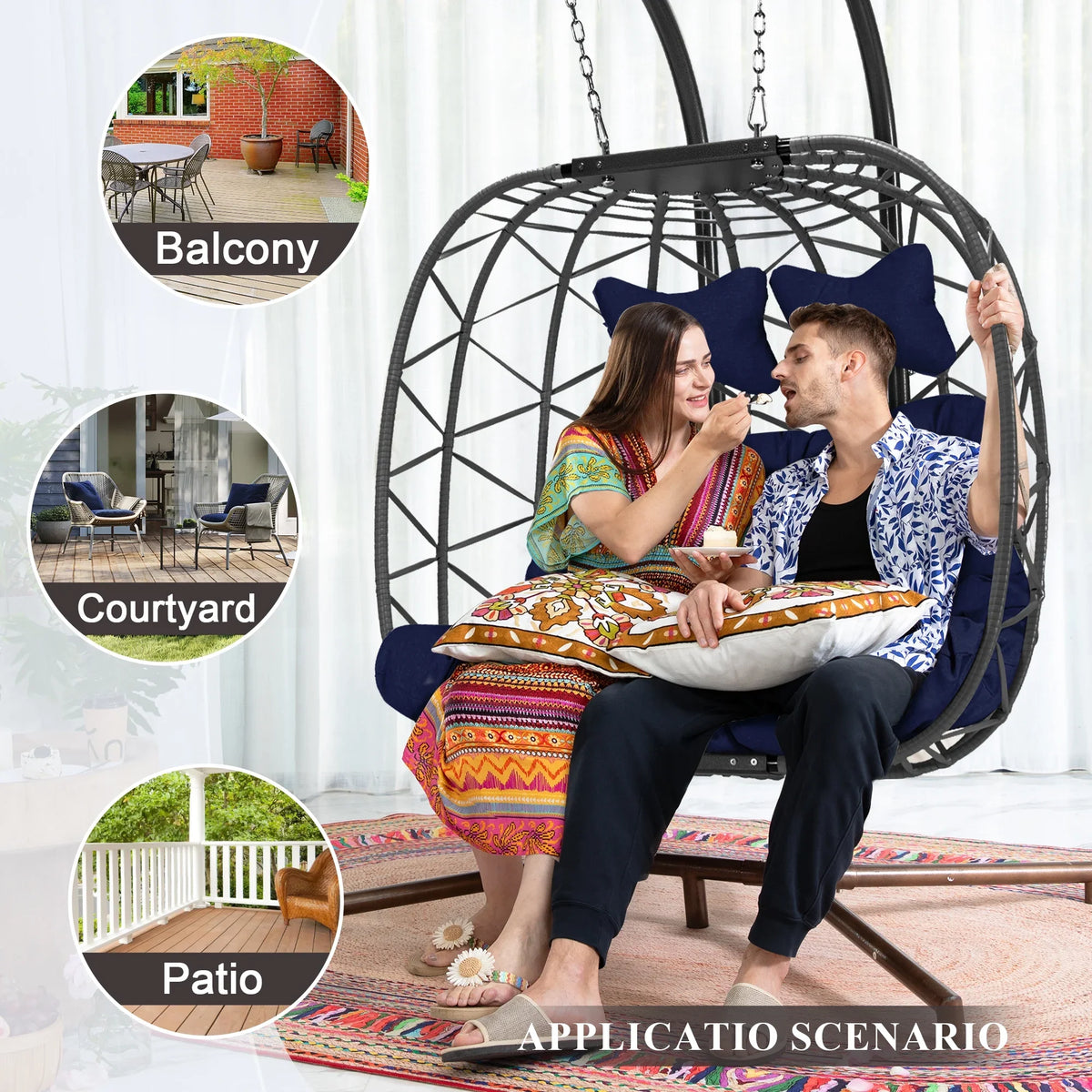 2026 NewRADIATA Double Wicker Egg Swing Chair with Stand, 2-Person Hanging Egg Chair for Indoor/Outdoor, 700lbs Capacity, Thick Cushions & Headrest,Sturdy Metal Frame"Dark Gray