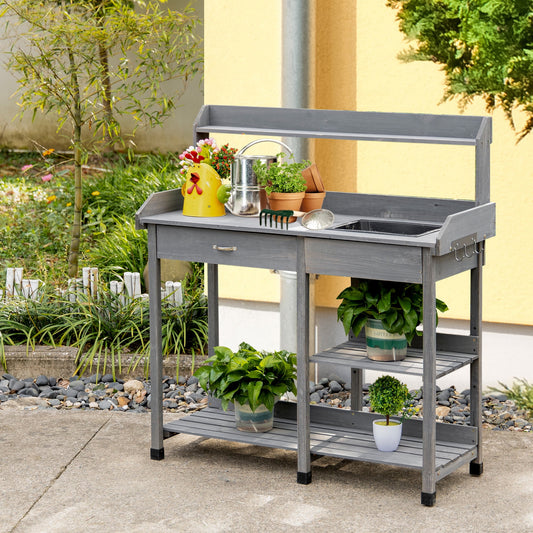 Outsunny Potting Bench Table, Natural Wood, Outdoor Workstation with Drawer, Removable Sink, Storage Shelves and Hooks