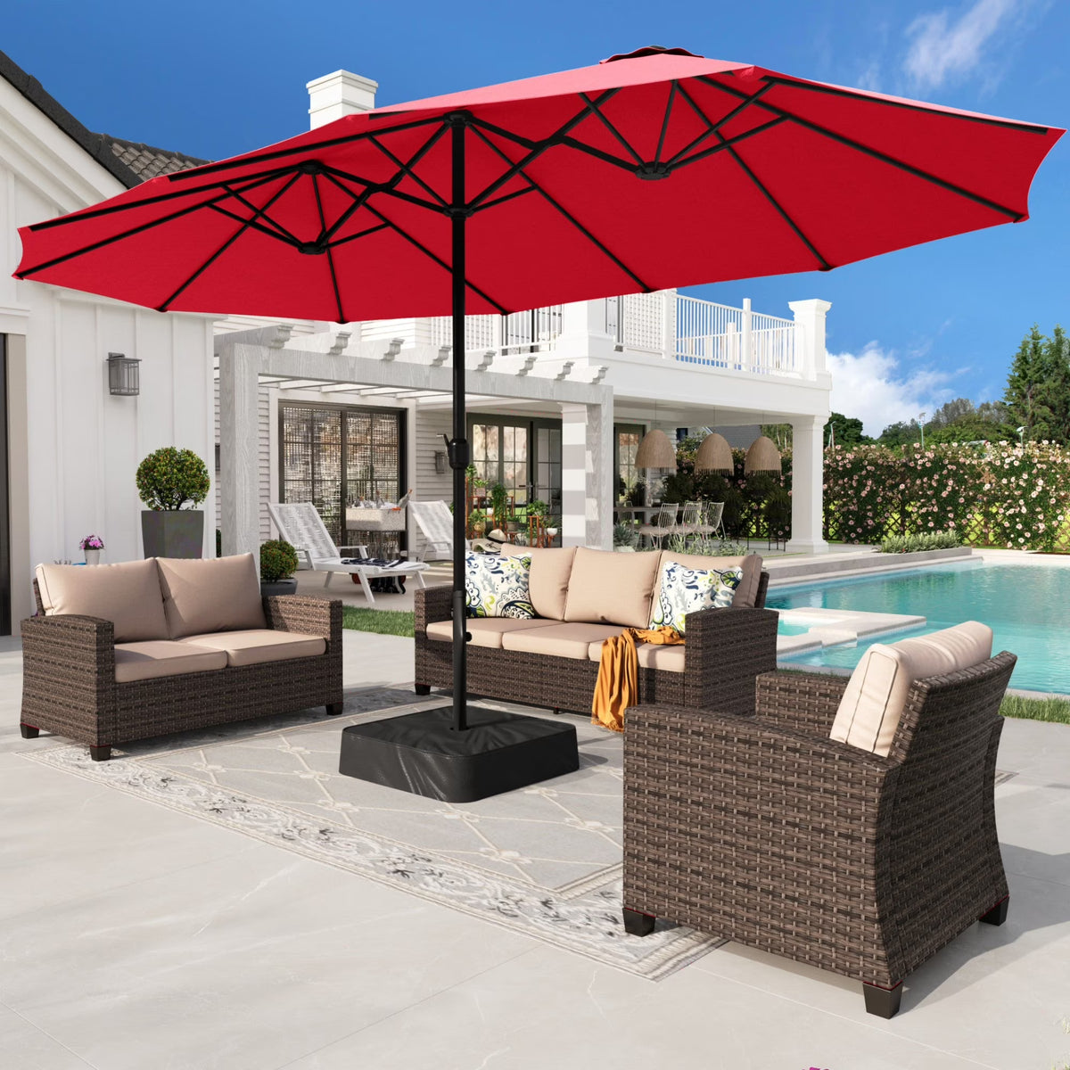 2026 NewAlpha Joy 15ft Outdoor Patio Umbrella Extra-Large Double-Sided Garden Umbrella with Crank Handle and Base - Smoky Gray