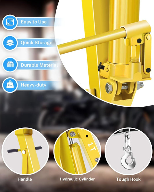 Memoryfield 2 Ton Folding Engine Hoist, 4400LB Hydraulic Cherry Picker Hoist Lift, Shop Crane with 6 Casters, Telescopic Boom for Lifting Motors, for Garage, Workshop, Red