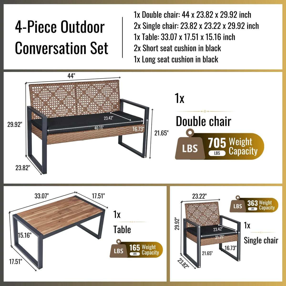 2026 NewHeavy-duty Patio Furniture Set, 4 Piece Outdoor Sectional Conversation Sets, BrownPE Rattan Patio Sofa Set with Blue Cushions
