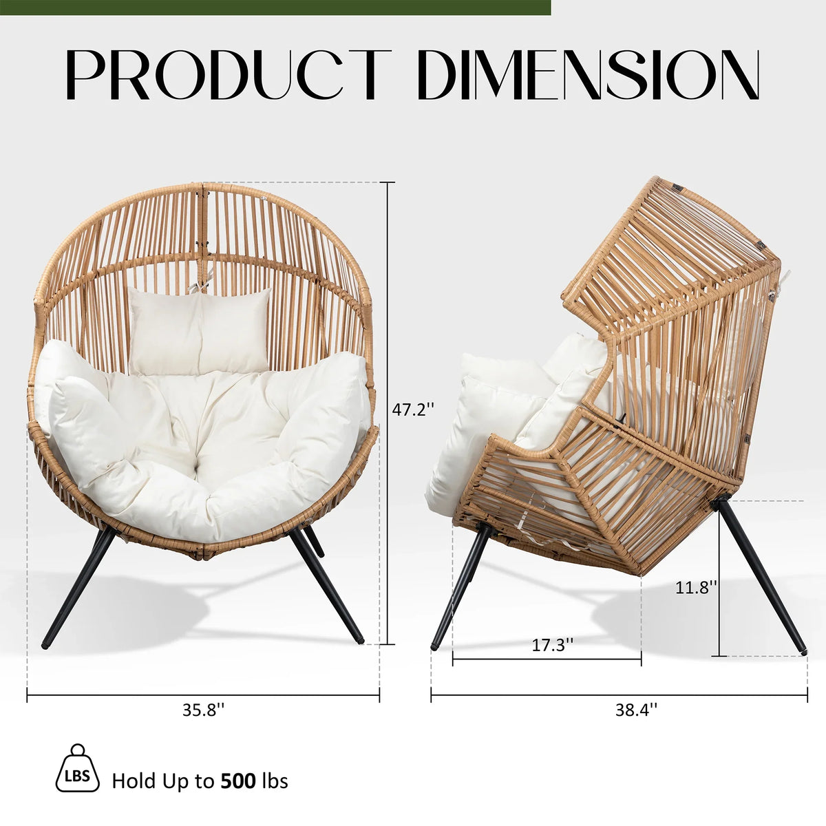 2026 NewWalsunny Egg Chairs Outdoor Patio Wicker Oversized Egg Shell Lounger Lawn Chair with Cushion for Indoor Outside Porch Balcony Backyard, Original Wood Color Rattan Beige Cushion