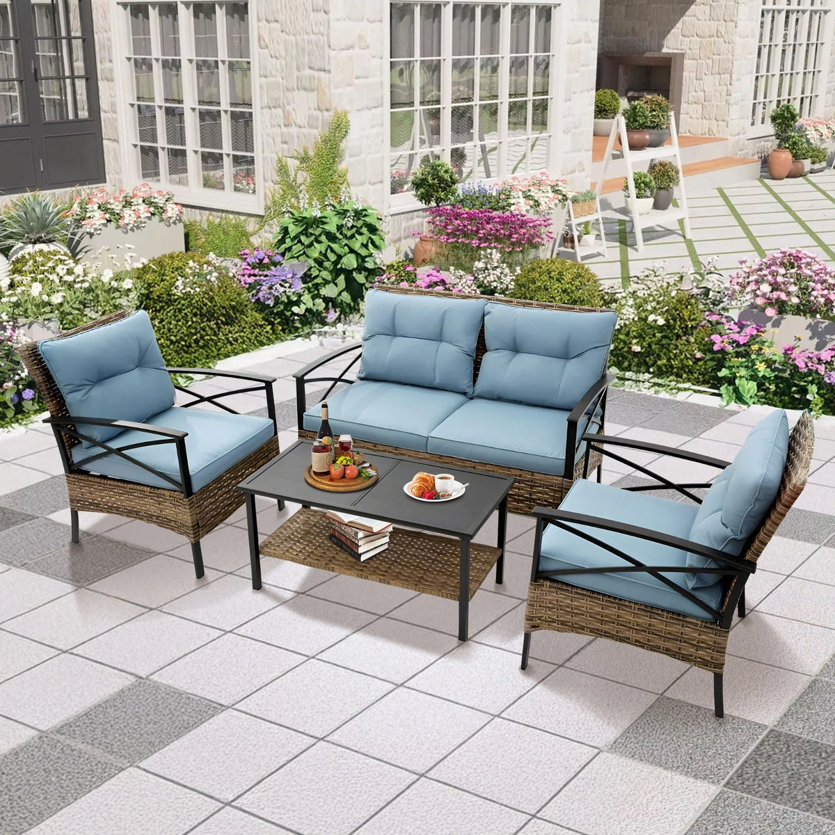 2026 NewHeavy-duty Patio Furniture Set, 4 Piece Outdoor Sectional Conversation Sets, BrownPE Rattan Patio Sofa Set with Blue Cushions