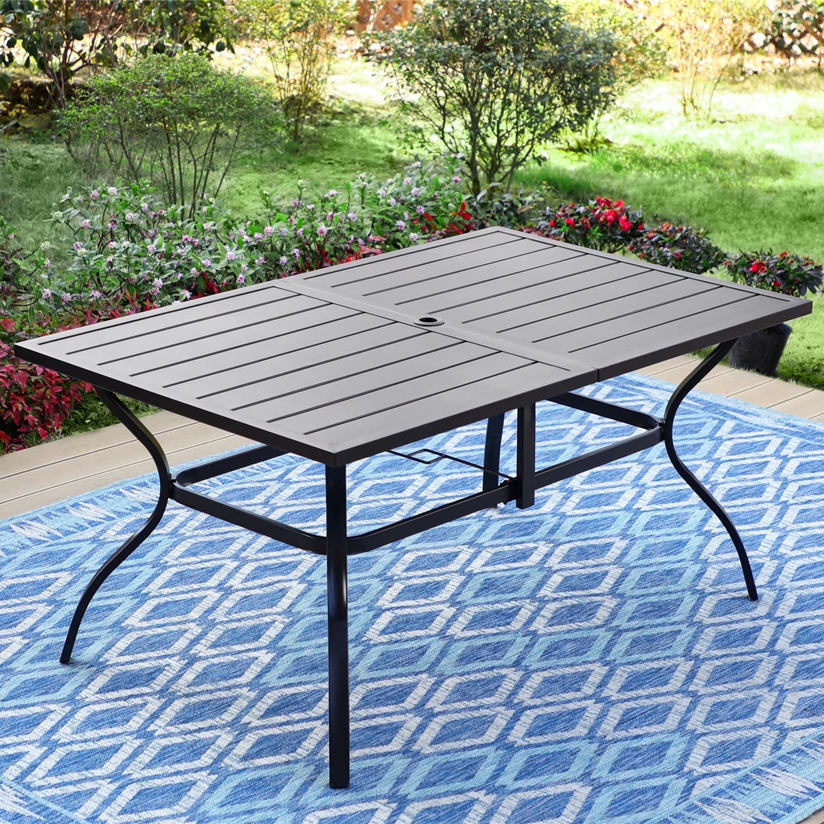 2026 NewMF Studio 6-Person Outdoor Rectangular Metal Dining Table with Umbrella Hole, All-Weather Resistance Patio Table, Black