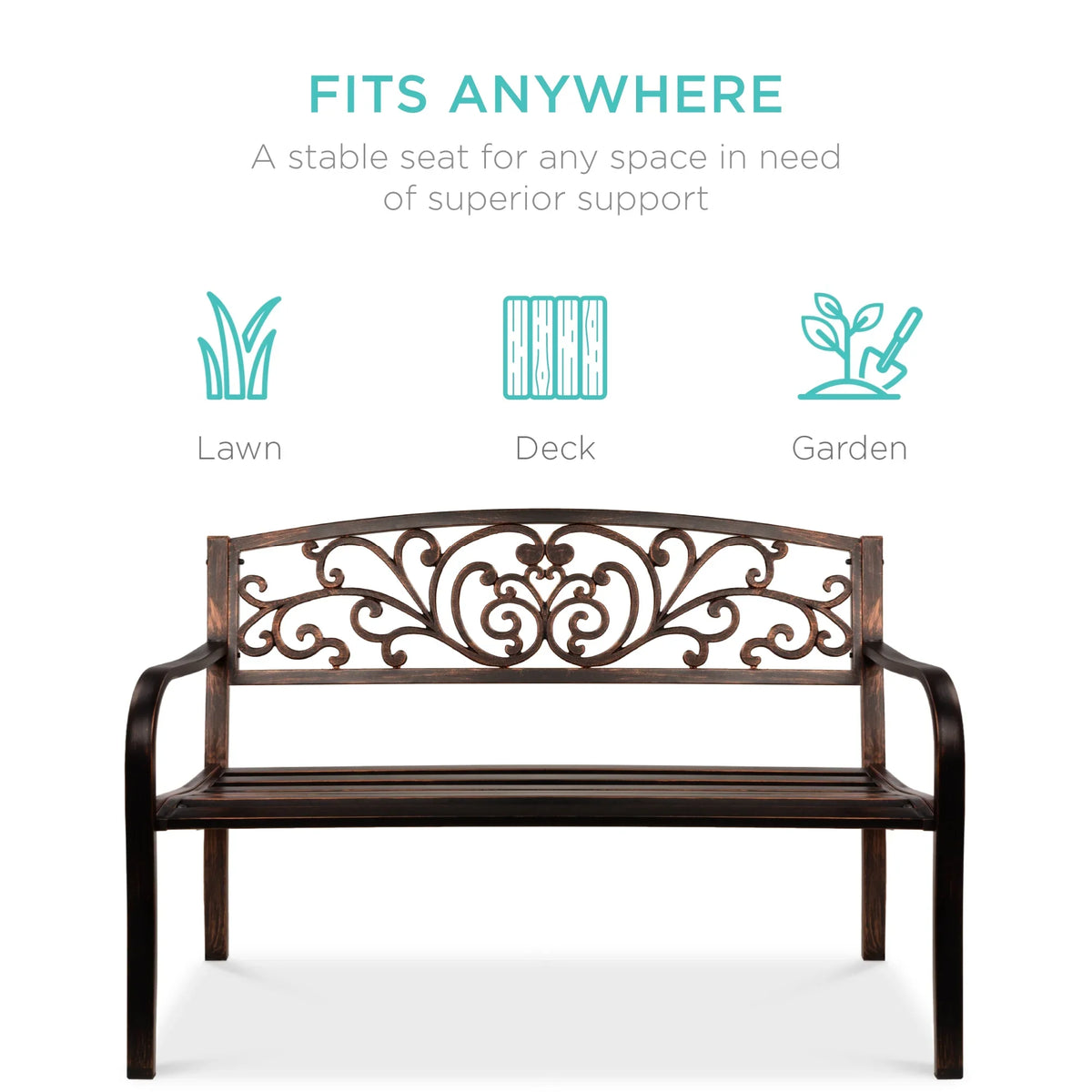 2026 NewBest Choice Products Outdoor Steel Bench Garden Patio Porch Furniture w/ Floral Design Backrest - Black