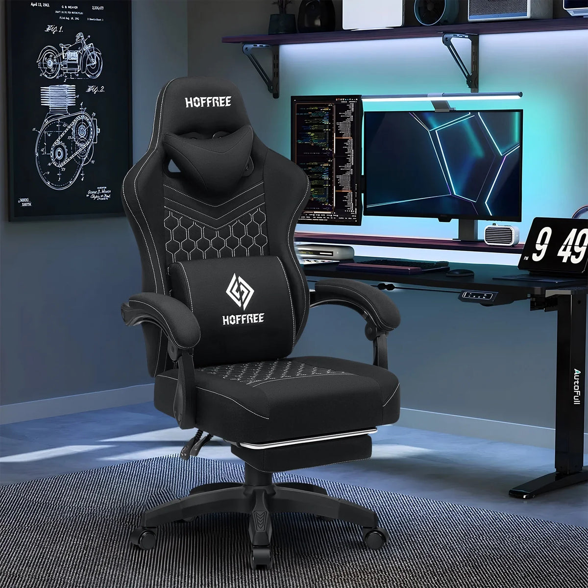 2026 NewHoffree Gaming Chair with Massage Fabric Office Chair with footrest for Adults, Ergonomic Gamer Chair with Headrest and Lumbar Support for Office Gaming, 440 LBS