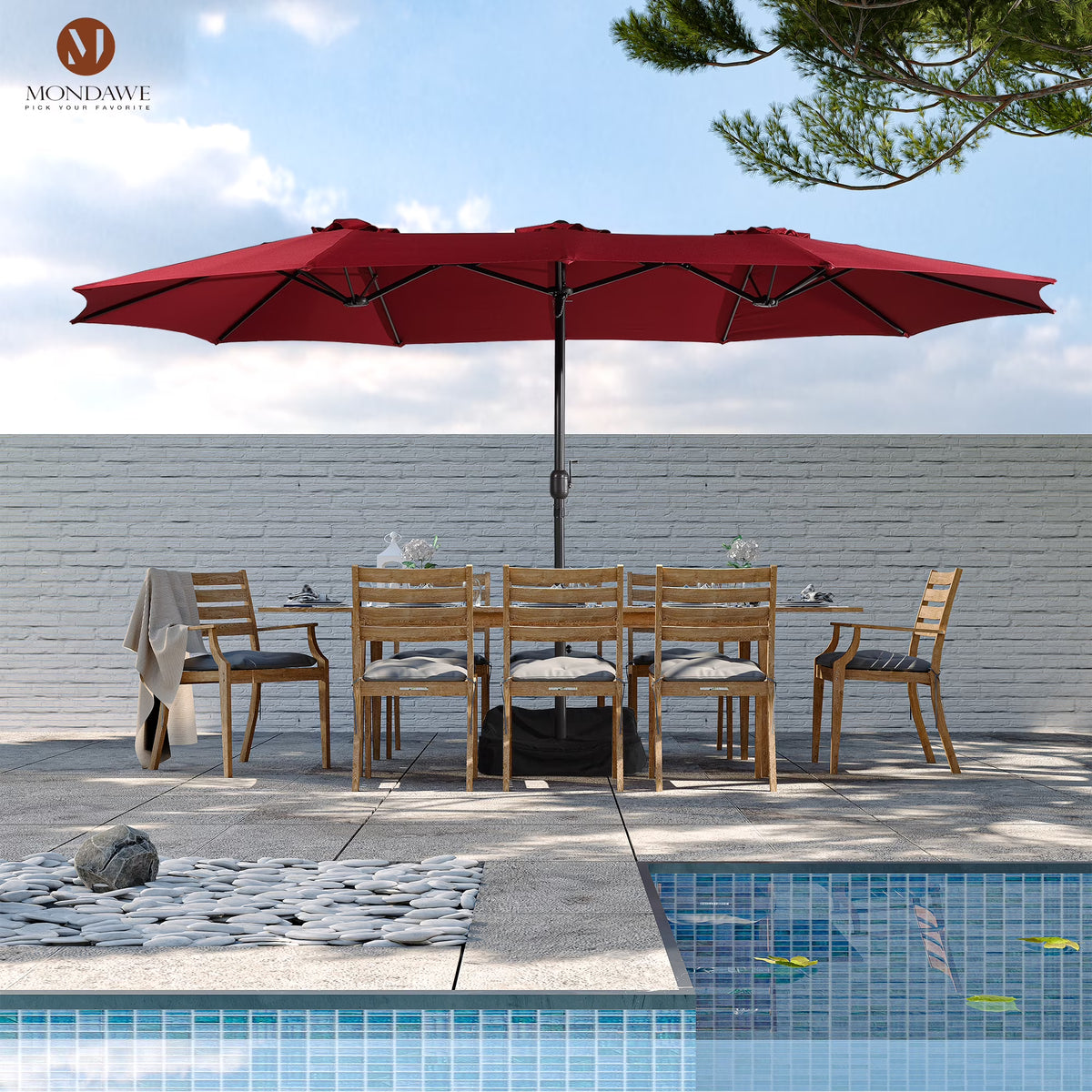 2026 NewMondawe 15ft Patio Umbrella Rectangular Outdoor Market Umbrella with Base and LED Lights Beige
