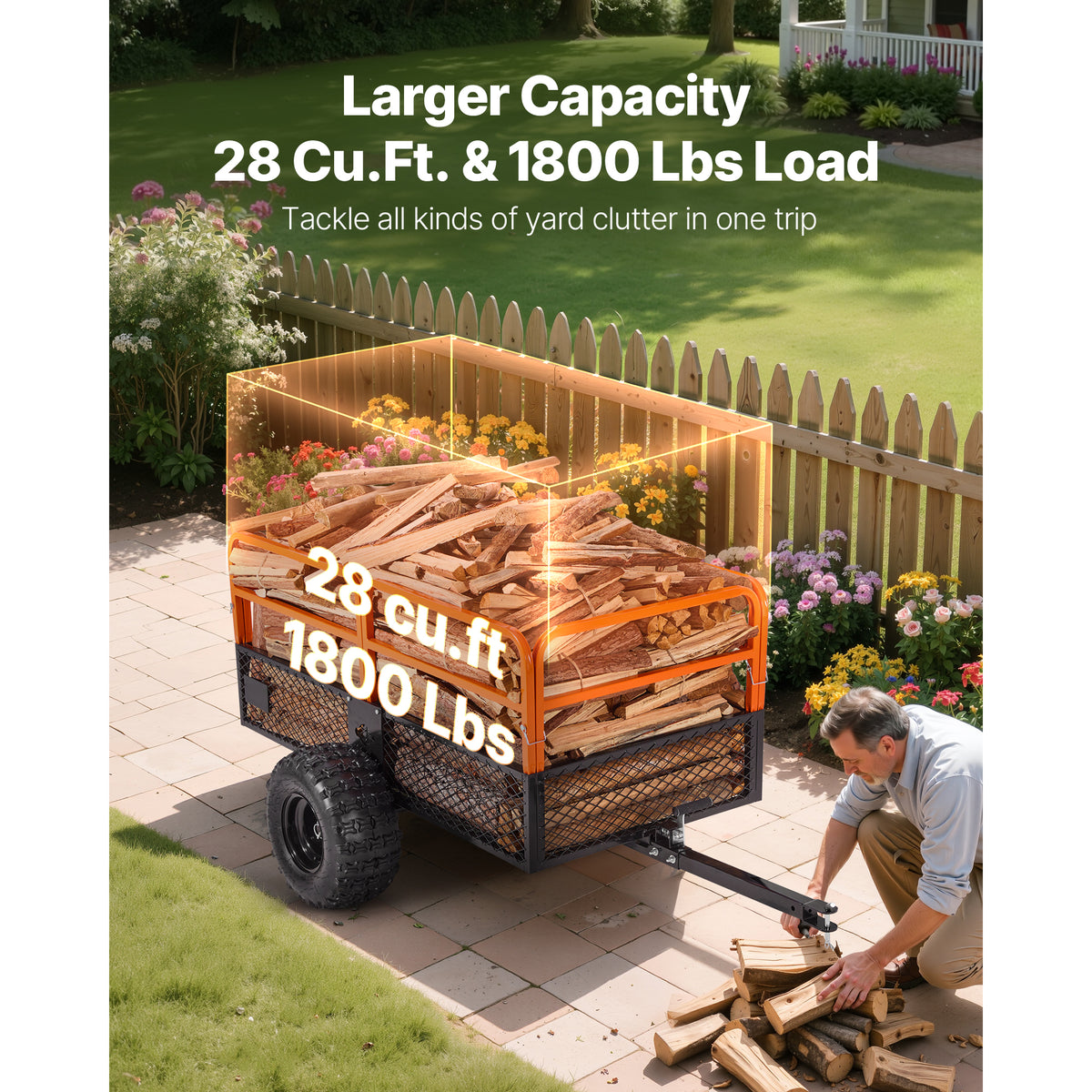 KFFKFF Garden Utility Trailer, 28 Cu. Ft. & 1800lbs, ATV UTV Trailer, Tow Behind Steel Dump Trailers, Removable Rear Panel, Heavy Duty Pull Behind Yard Trailers