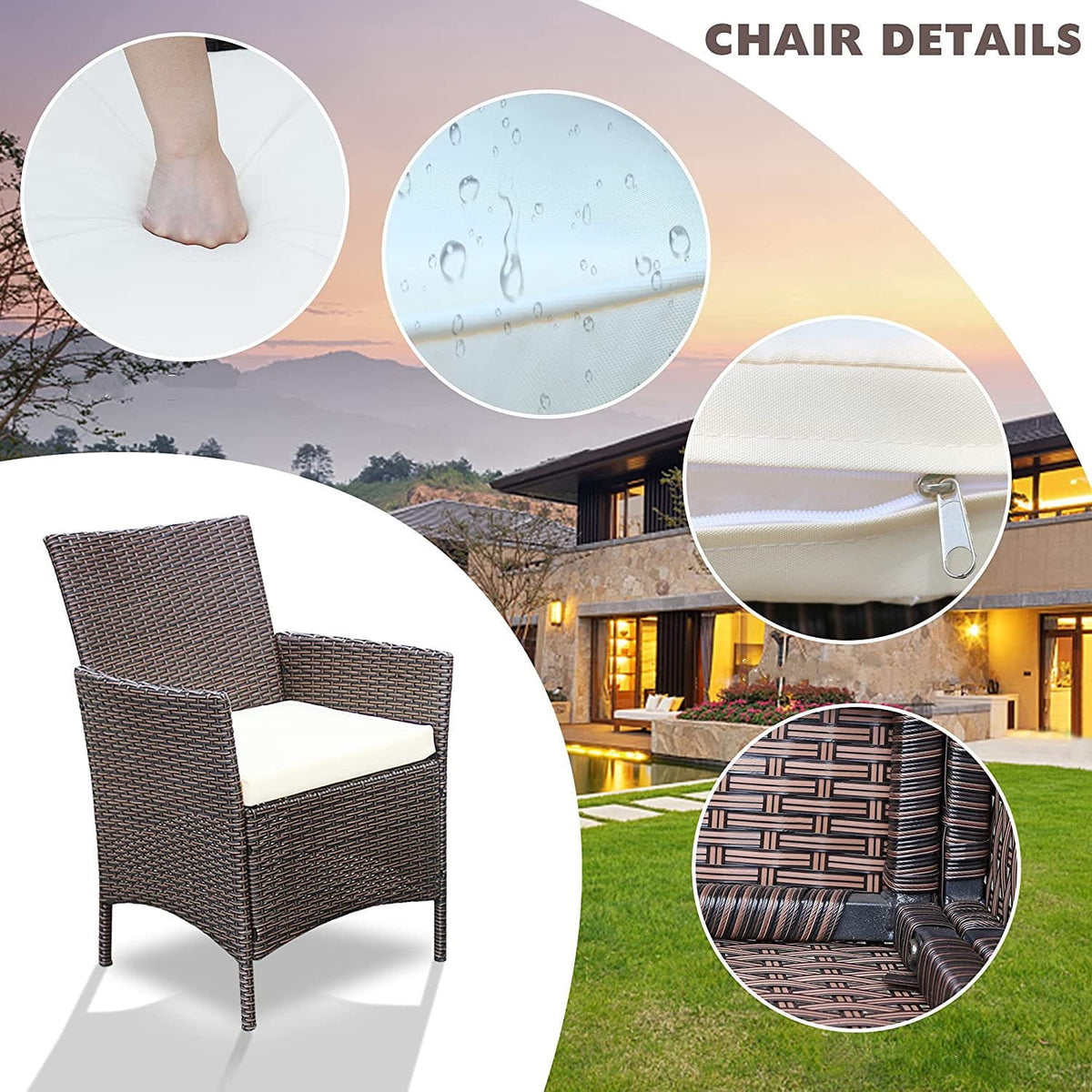 Homall 3 Pieces Outdoor Patio Furniture PE Rattan Wicker Table and Chairs Set Bar Set with Cushioned Tempered Glass, Brown/Beige, 2
