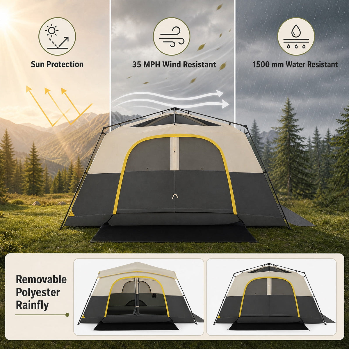 Gymax 10 Person Instant Cabin Camping Tent w/ Rainfly Carry Bag 13 ft x 9 ft Beige & Black