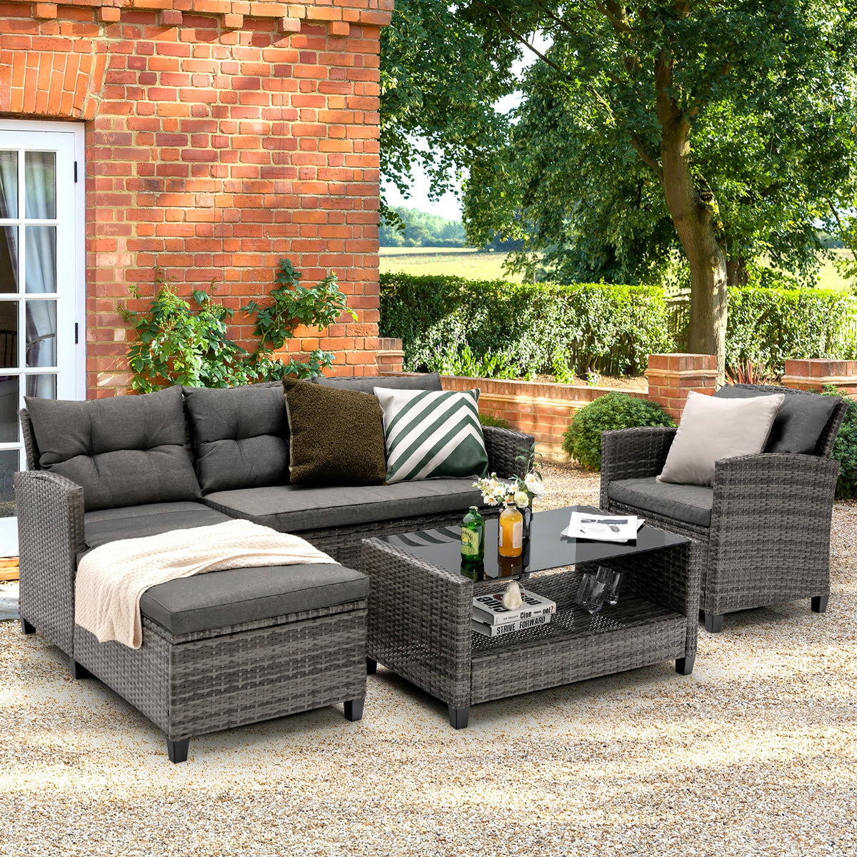 Gymax 4PCS Rattan Patio Conversation Furniture Set Outdoor Sectional Sofa Set