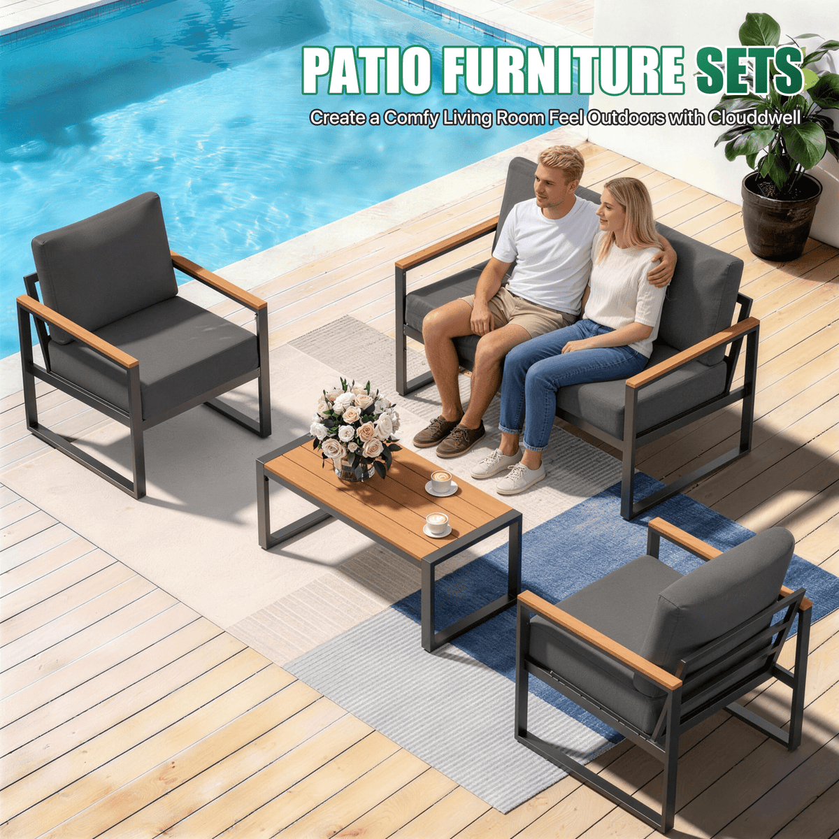 Dateyes 4-Piece Outdoor Patio Furniture Set, Modern Metal Conversation Set for Porch, Deck, Balcony (Dark Grey)