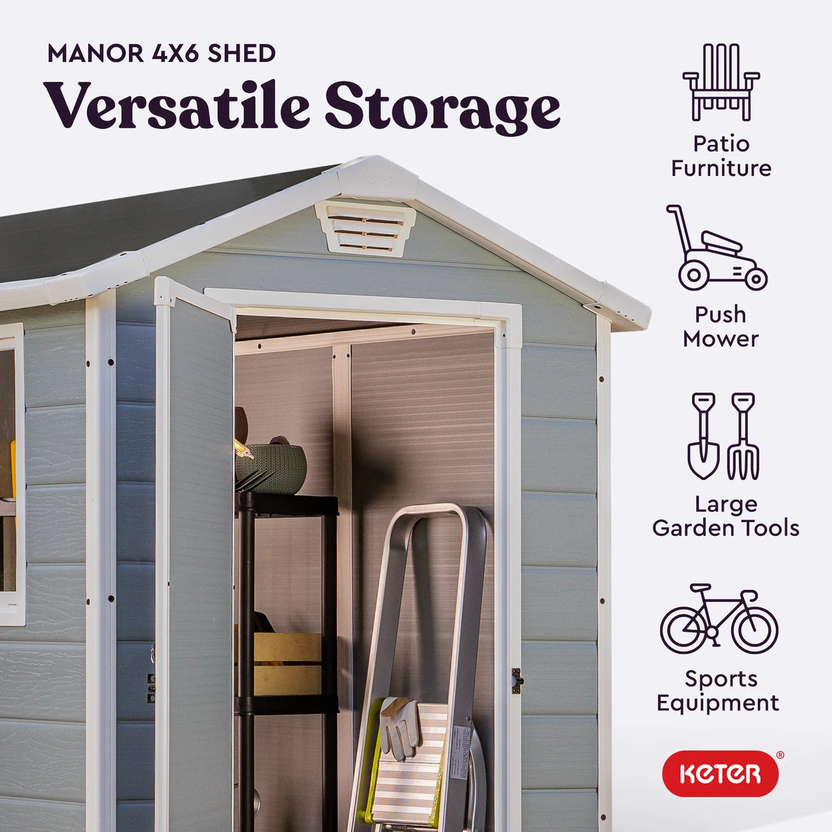 2026 NewKeter 213413 Manor DD 6 X 8 Foot All Weather Outdoor Storage Shed, Grey