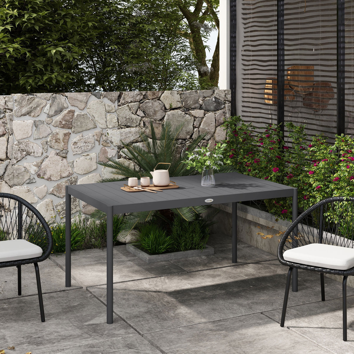Outsunny Outdoor Dining Table w/ Aluminium Frame, Garden Table, Dark Grey