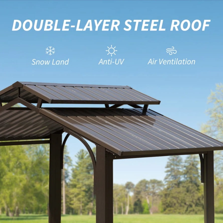 Domi 8x5 ft BBQ Gazebo, Aluminum Frame with Shelves & Serving Tables, Double Roof Hardtop Grill Shelter for Patio, Backyard & Garden, Brown
