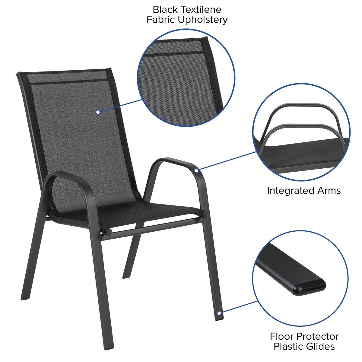 2026 NewBizChair 5 Pack Black Outdoor Stack Chair with Flex Comfort Material and Metal Frame