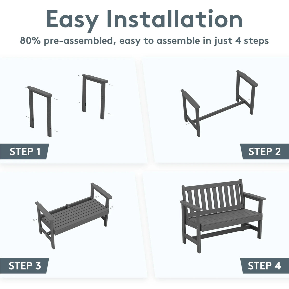 2026 NewSERWALL Outdoor Bench for 2-Person, Weather-Resistant HDPE with Aluminum Reinforcement, Supports 660 lbs, Comfortable Seating for Patio, Garden, and Porch, Black