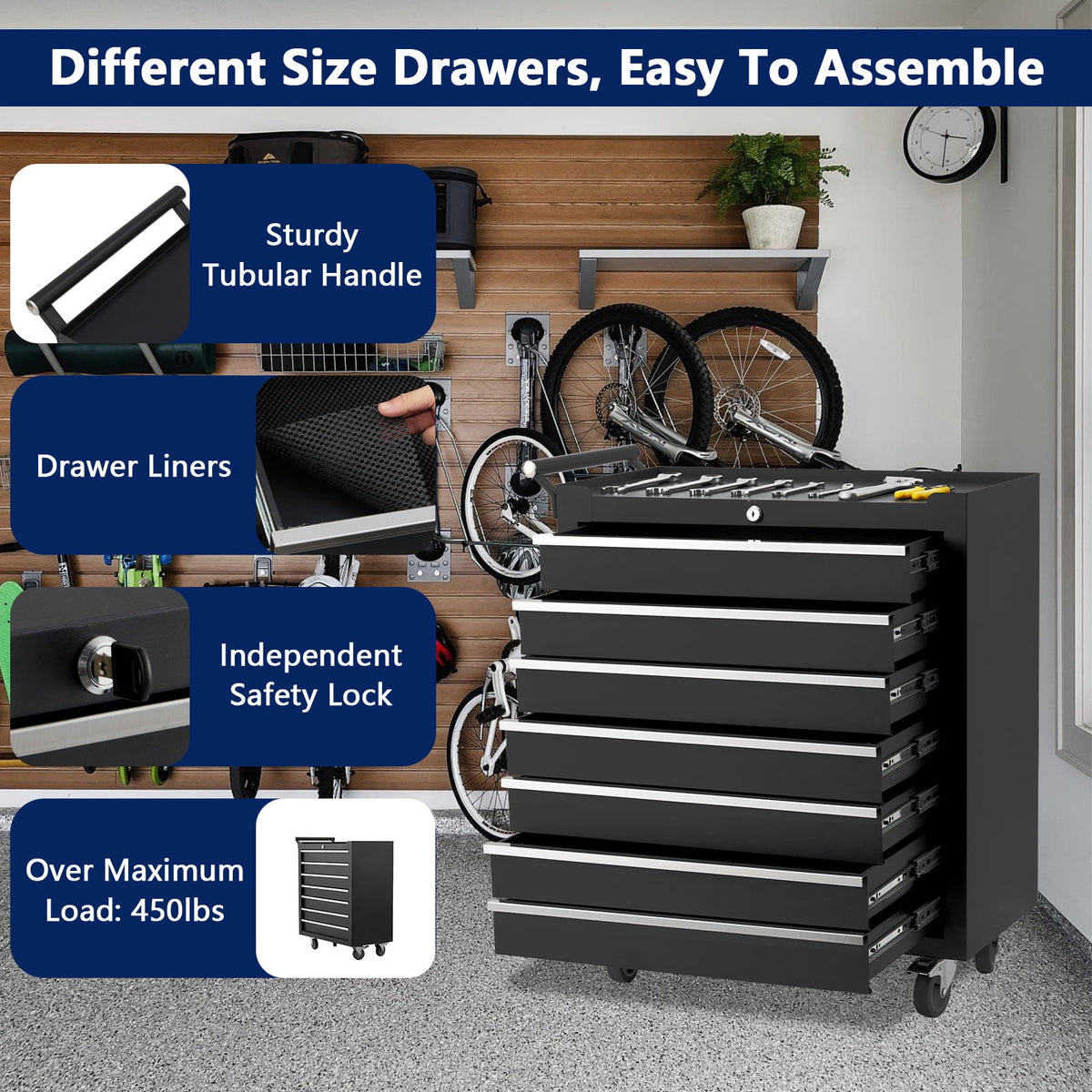 Rolling Tool Chest, 5-Drawers Metal Tool Box Organizer w/Auto Locking System & Lockable Wheels, Sliding Drawers