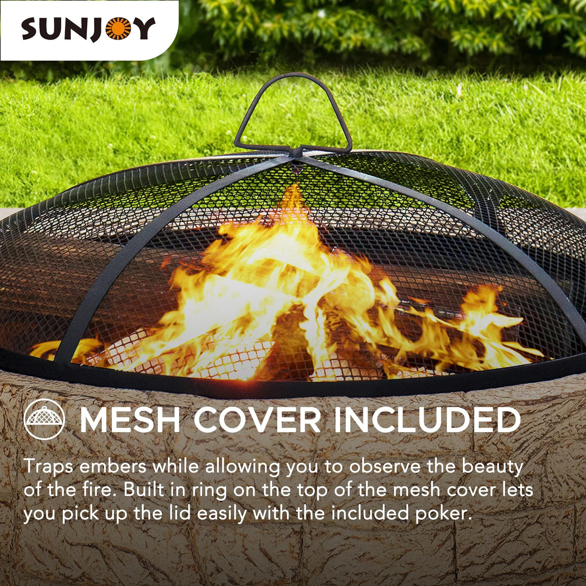 2026 NewSunjoy Stone Fire Pit 26 Inch, Outdoor Round Wood Burning Fire Pits with Spark Screen and Poker Grey