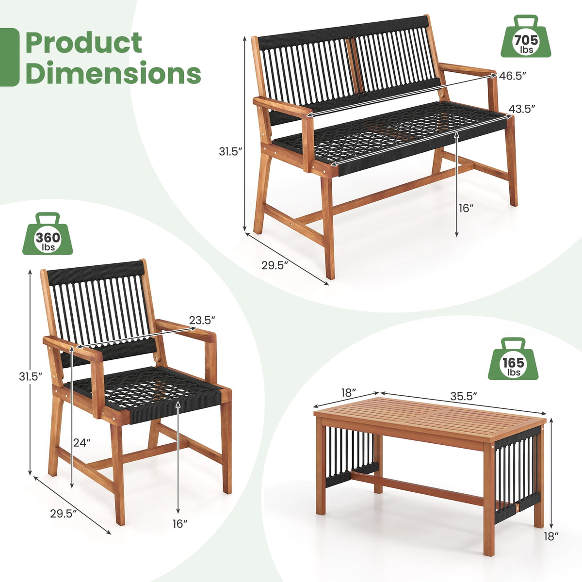Costway Patio 4pcs Acacia Wood Conversation Table & Chair Set Hand-Woven Rope Outdoor