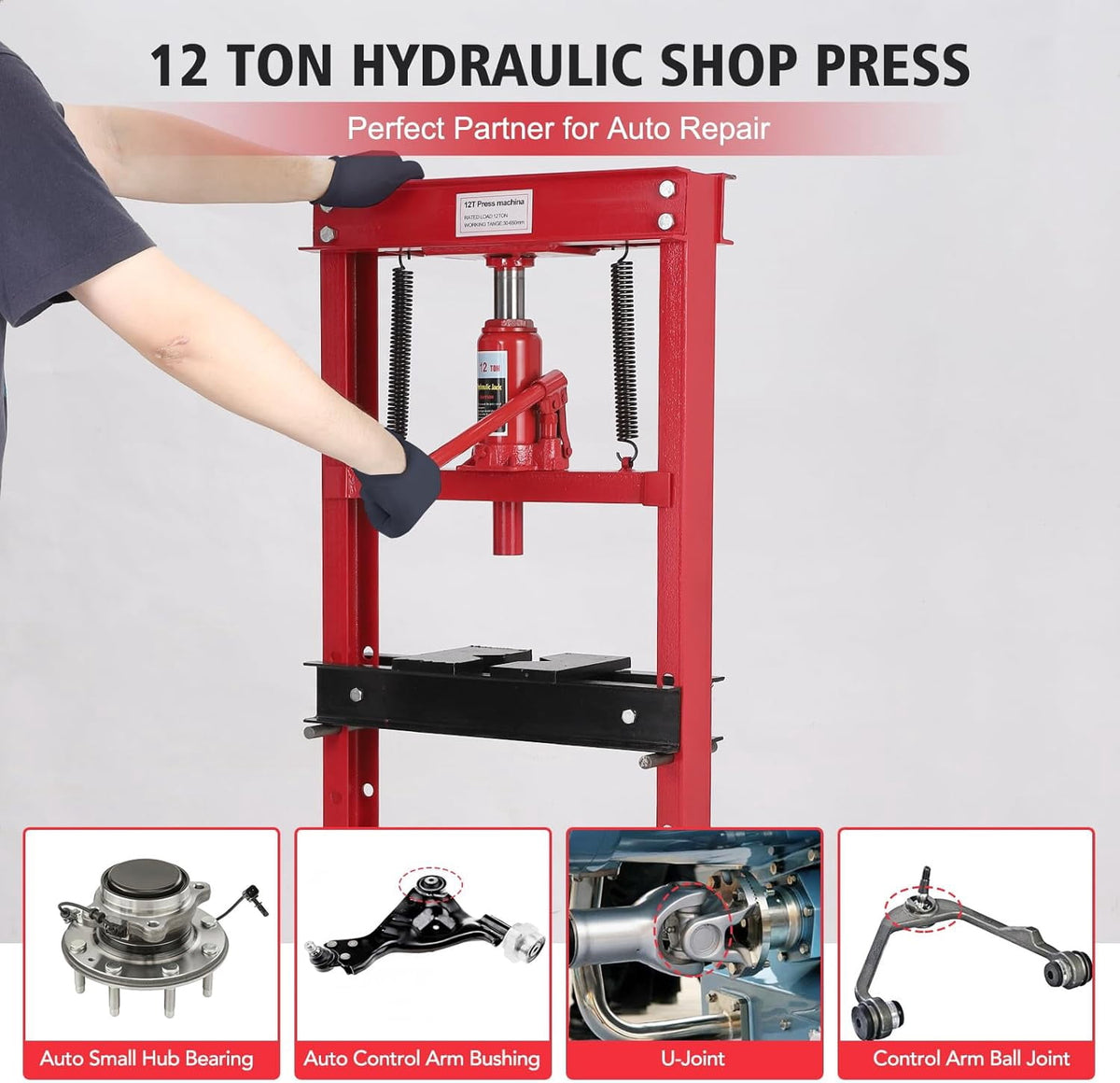 Hydraulic Shop Press, 12 T H-Frame Garage Floor Shop Press Adjustable Hydraulic Press with Press Plates, Red