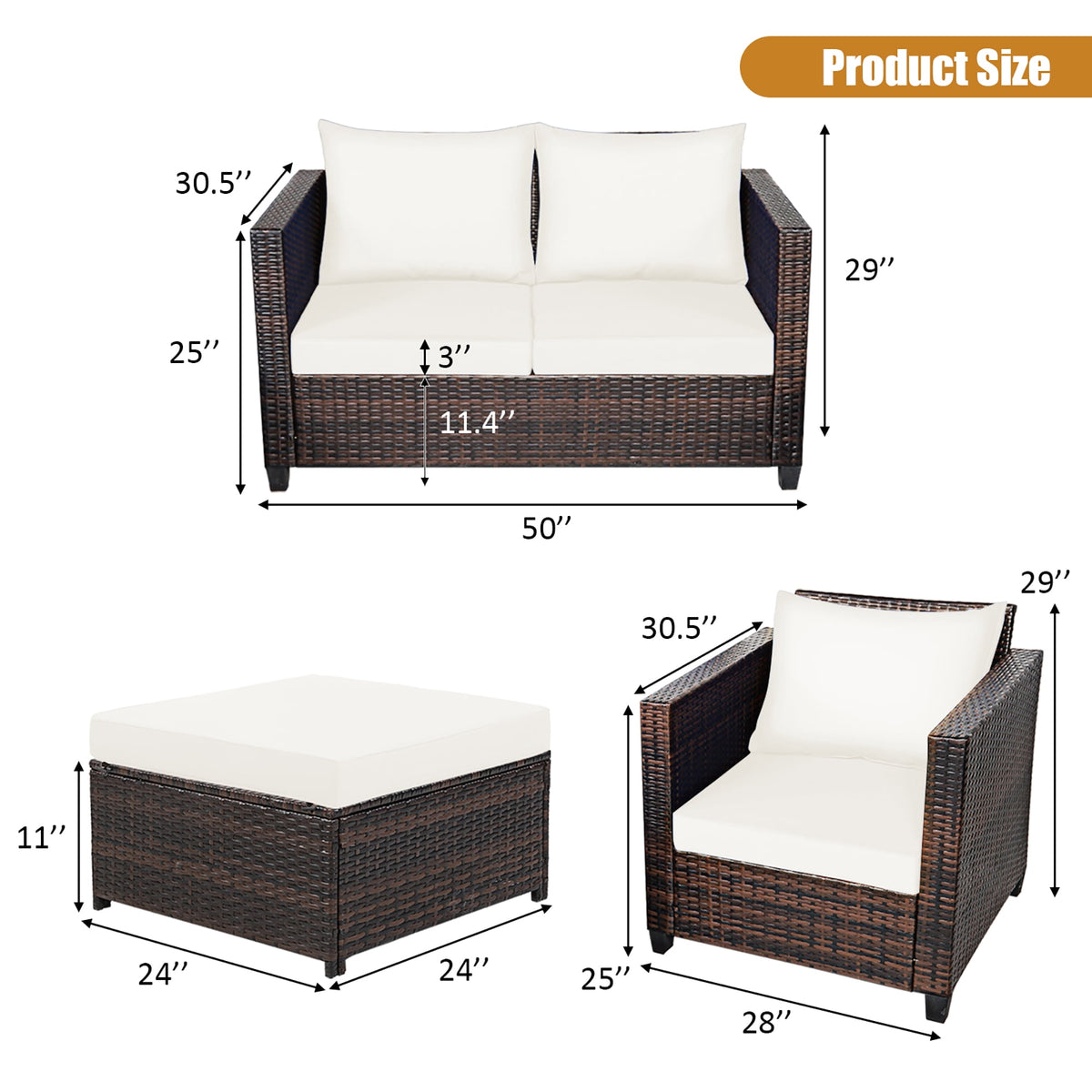 Costway 5PCS Patio Rattan Furniture Set Loveseat Sofa Ottoman Cushioned White